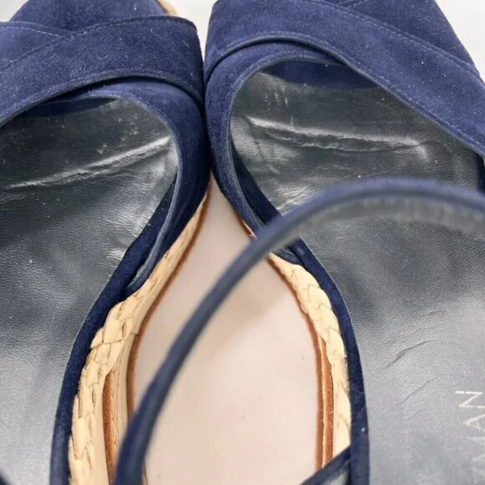 Stuart Weitzman Wedge Heeled Sandals Suede Navy Blue/Ivory 11.5 Ankle Strap Open